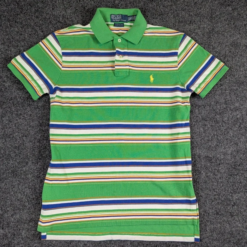 Polo Ralph Lauren Mens Small Custom Fit Green Striped Cotton Pique Polo Shirt